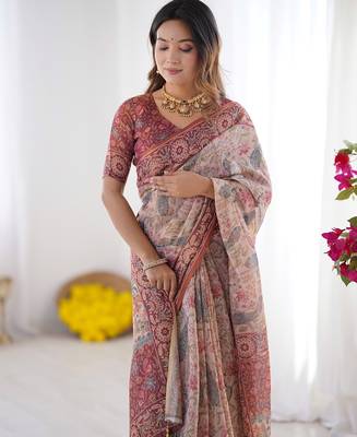 Elegant handloom cotton saree with floral print & tassel edges     5.5m + 0.8m blouse 3
