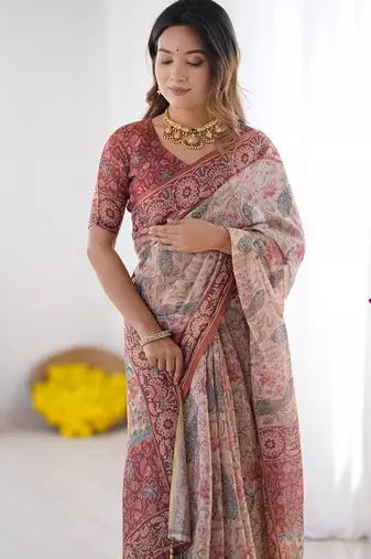 Elegant handloom cotton saree with floral print & tassel edges     5.5m + 0.8m blouse