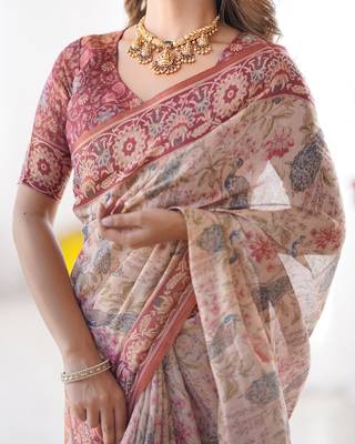 Elegant handloom cotton saree with floral print & tassel edges     5.5m + 0.8m blouse 4