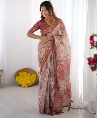 Elegant handloom cotton saree with floral print & tassel edges     5.5m + 0.8m blouse 1