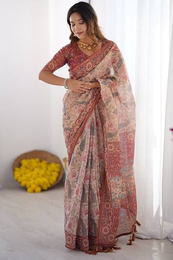 Elegant handloom cotton saree with floral print & tassel edges – 5.5m + 0.8m blouse
