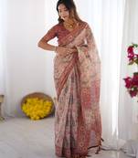 Elegant handloom cotton saree with floral print & tassel edges     5.5m + 0.8m blouse