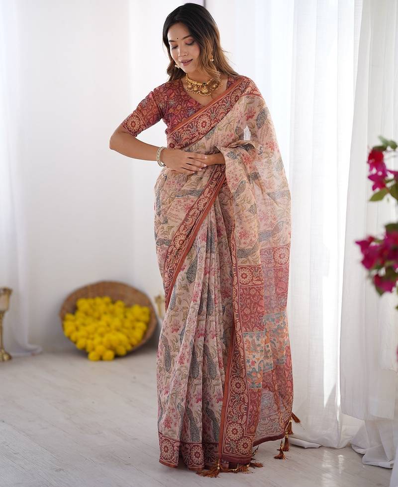 Elegant handloom cotton saree with floral print & tassel edges     5.5m + 0.8m blouse