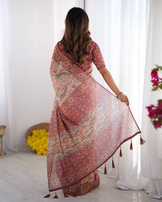 Elegant handloom cotton saree with floral print & tassel edges     5.5m + 0.8m blouse 5
