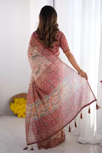 Elegant handloom cotton saree with floral print & tassel edges     5.5m + 0.8m blouse