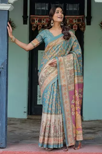 Pure cotton handloom saree with floral print and designer tassels