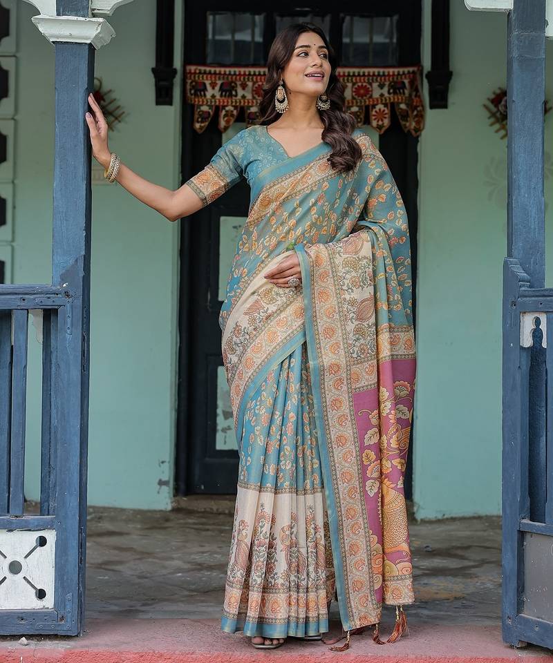 Pure cotton handloom saree with floral print and designer tassels