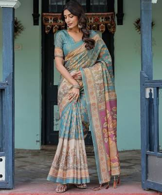 Pure cotton handloom saree with floral print and designer tassels 2