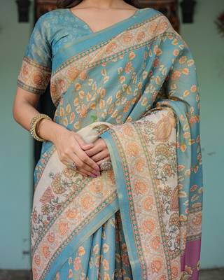 Pure cotton handloom saree with floral print and designer tassels 3