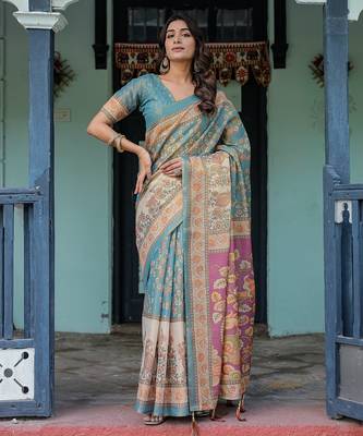 Pure cotton handloom saree with floral print and designer tassels 4