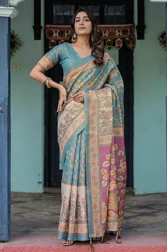 Pure cotton handloom saree with floral print and designer tassels