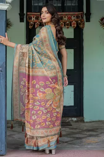 Pure cotton handloom saree with floral print and designer tassels