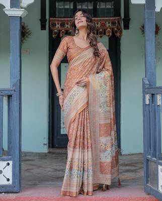 Floral printed cotton saree in handloom weave with blouse piece     5.5m 3