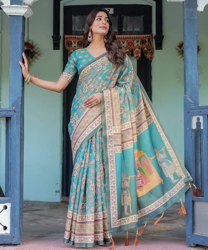 Traditional handloom cotton floral saree with matching blouse & tassel detailing