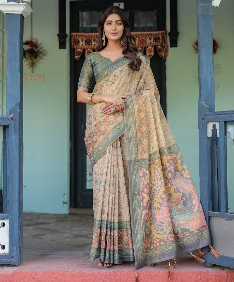 Soft handloom cotton floral saree with tassels     includes 0.8m blouse