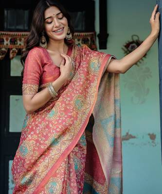 Printed floral handloom cotton saree with stylish tassel finish     ready to wear 3
