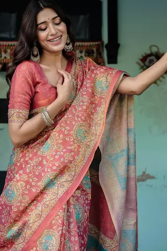 Printed floral handloom cotton saree with stylish tassel finish     ready to wear