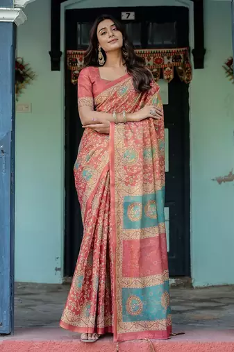 Printed floral handloom cotton saree with stylish tassel finish – ready to wear