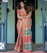 Printed floral handloom cotton saree with stylish tassel finish     ready to wear