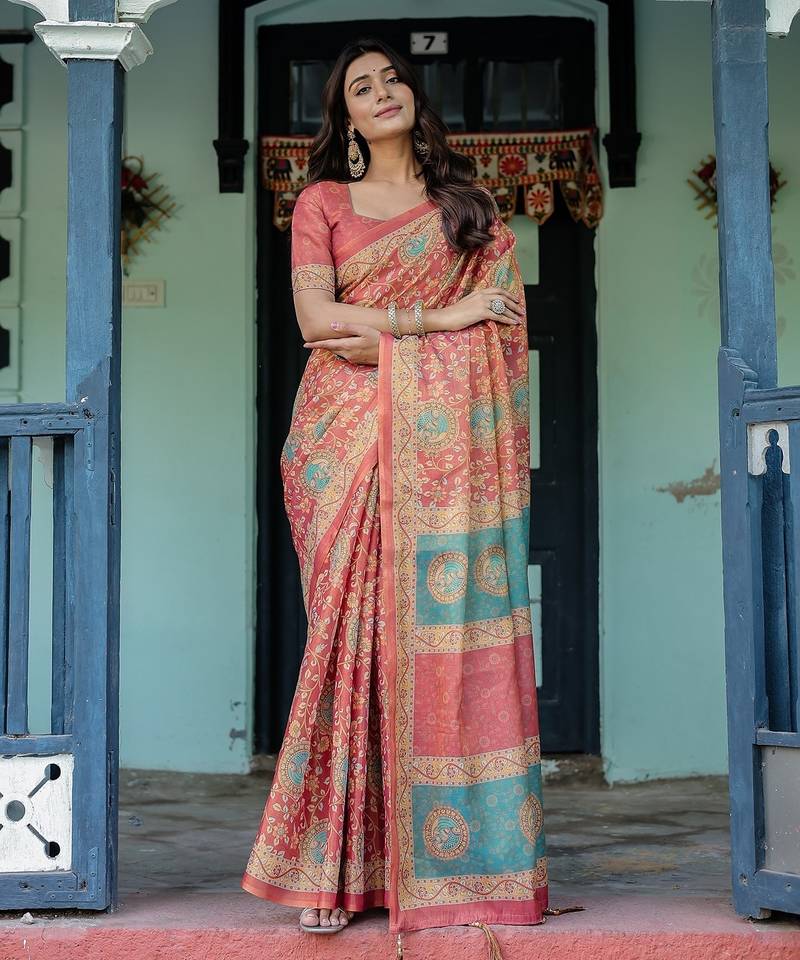 Printed floral handloom cotton saree with stylish tassel finish     ready to wear