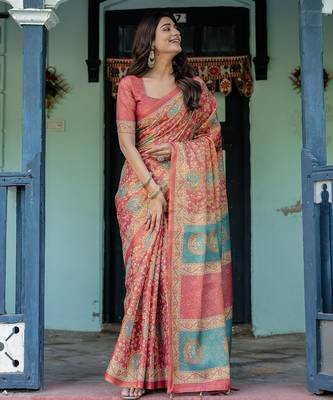 Printed floral handloom cotton saree with stylish tassel finish     ready to wear 4
