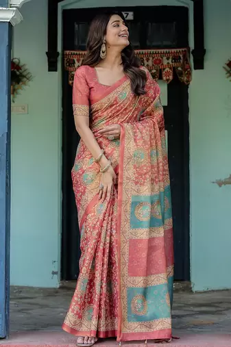 Printed floral handloom cotton saree with stylish tassel finish     ready to wear