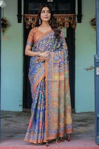 Graceful handloom cotton saree with artistic floral print & tassels