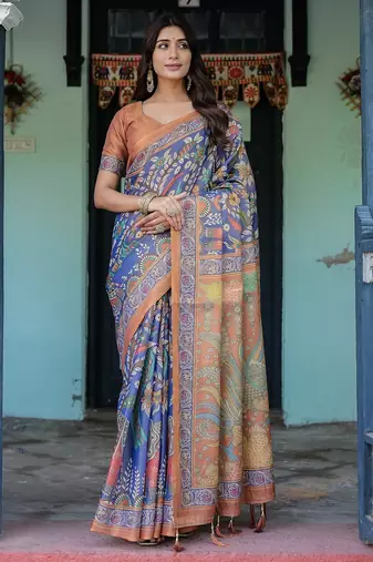 Graceful handloom cotton saree with artistic floral print & tassels