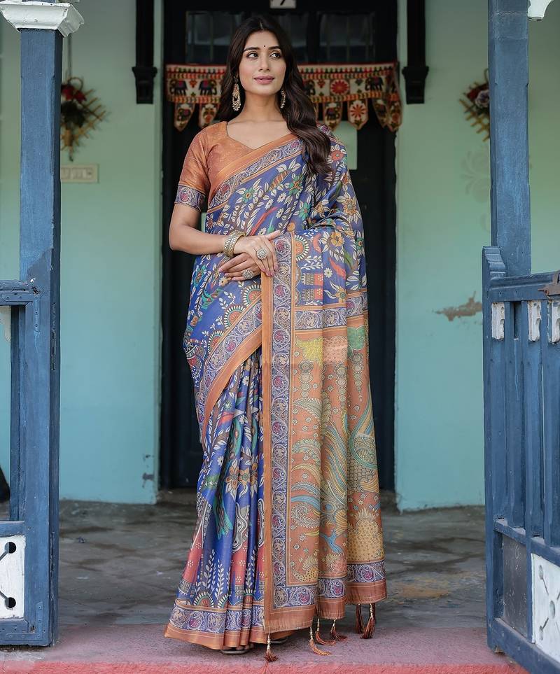 Graceful handloom cotton saree with artistic floral print & tassels
