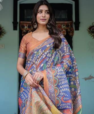 Graceful handloom cotton saree with artistic floral print & tassels 2
