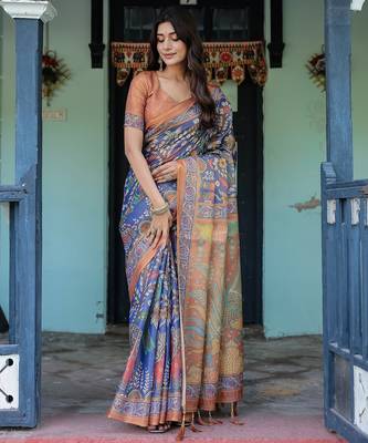 Graceful handloom cotton saree with artistic floral print & tassels 3