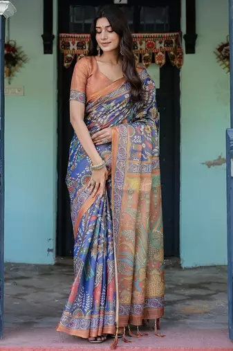 Graceful handloom cotton saree with artistic floral print & tassels