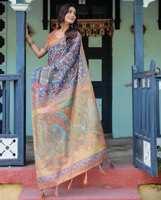 Graceful handloom cotton saree with artistic floral print & tassels 4