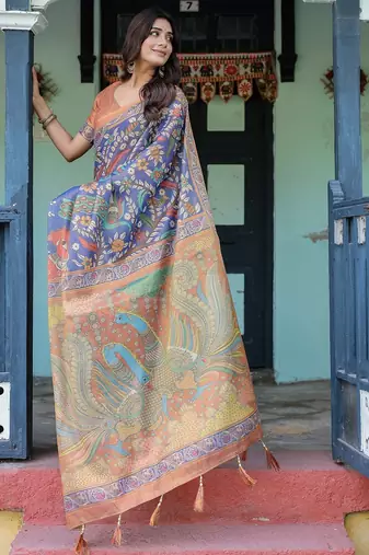 Graceful handloom cotton saree with artistic floral print & tassels