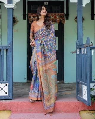 Graceful handloom cotton saree with artistic floral print & tassels 5