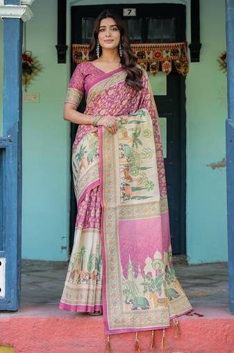 Designer floral print handloom cotton saree with tassel pallu & blouse