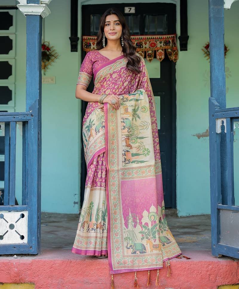 Designer floral print handloom cotton saree with tassel pallu & blouse