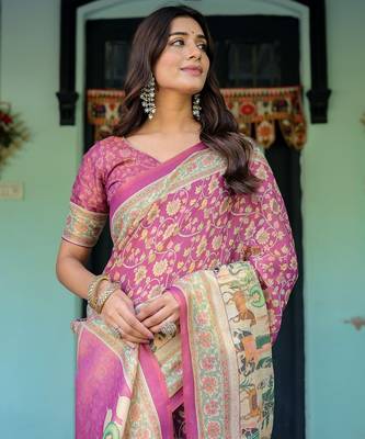Designer floral print handloom cotton saree with tassel pallu & blouse 2