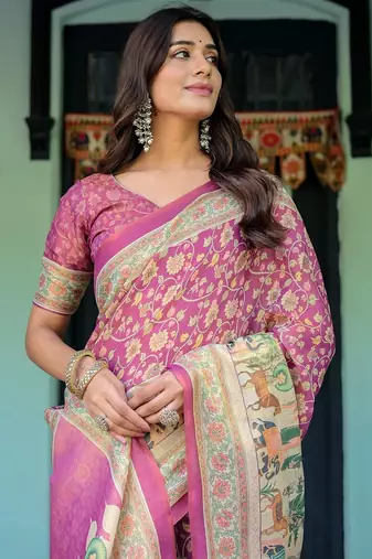 Designer floral print handloom cotton saree with tassel pallu & blouse