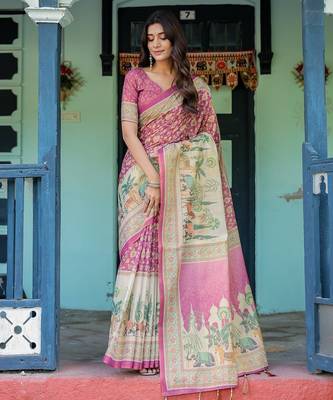 Designer floral print handloom cotton saree with tassel pallu & blouse 3