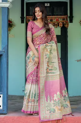 Designer floral print handloom cotton saree with tassel pallu & blouse