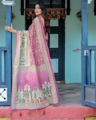 Designer floral print handloom cotton saree with tassel pallu & blouse 4
