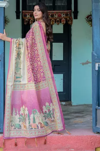 Designer floral print handloom cotton saree with tassel pallu & blouse