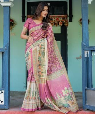 Designer floral print handloom cotton saree with tassel pallu & blouse 5