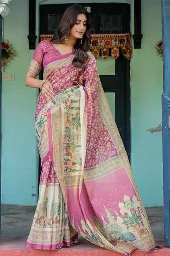Designer floral print handloom cotton saree with tassel pallu & blouse