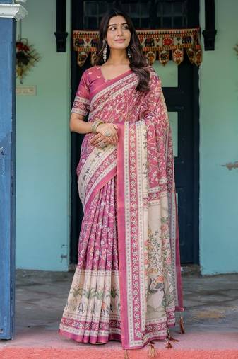 Cotton handloom saree with digital floral print and tassels     festive wear