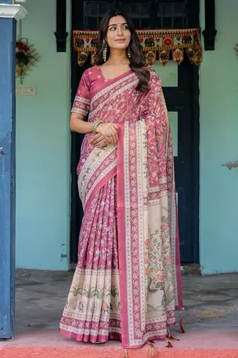 Cotton handloom saree with digital floral print and tassels – festive wear