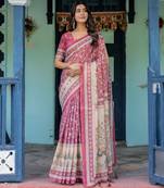 Cotton handloom saree with digital floral print and tassels     festive wear