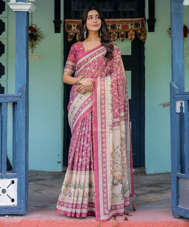 Cotton handloom saree with digital floral print and tassels     festive wear