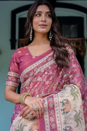 Cotton handloom saree with digital floral print and tassels     festive wear